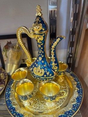Luxury Middle Eastern Arabic Tea Set Gold Blue Enamel Teapot Tray