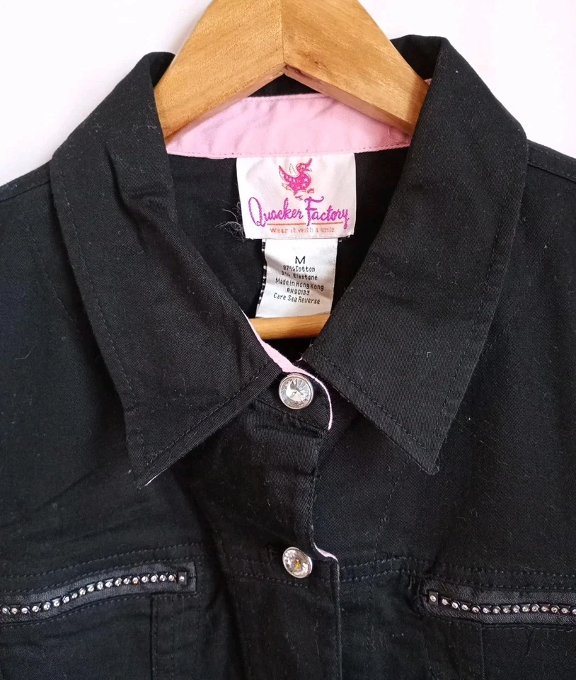 Quacker Factory Black Denim Jacket with Clear Rhinestone & Jewels Womens Size M - Image 3 of 4
