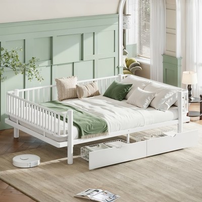 Queen Platform Bed, Metal Frame, Storage Drawers, Low Profile, White
