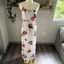 Volcom Floral Halter Maxi Dress XS White Orange Backless Boho, Resort, Beach