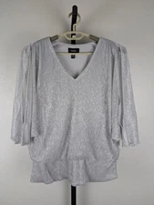MSK size XL silver Metallic Split Sleeve Blouson Top rhinestone shoulder detail