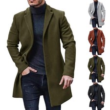 Mens Winter Faux Woolen Buttonup Jacket Long Cardigan Turn Down Collar