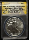 2020 ANACS BRILLIANT UNCIRCULATED American Silver Eagle One Dollar S$1 999 Coin