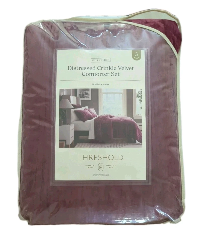 Threshold Distressed Crinkle Velvet Comforter Set – Full/Queen – 3 Piece – Plum - Image 2 of 4