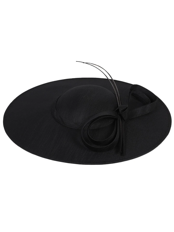 Mujeres Negro Formal Iglesia Fascinadores Sombrero Ala Ancha Derby Sombreros con Lazo Pluma Foto 3 de 4