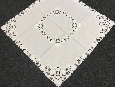 GRANTLINEN Embroidery Solid White Wedding Fabric Embroidered Floral 33" Square Tablecloth