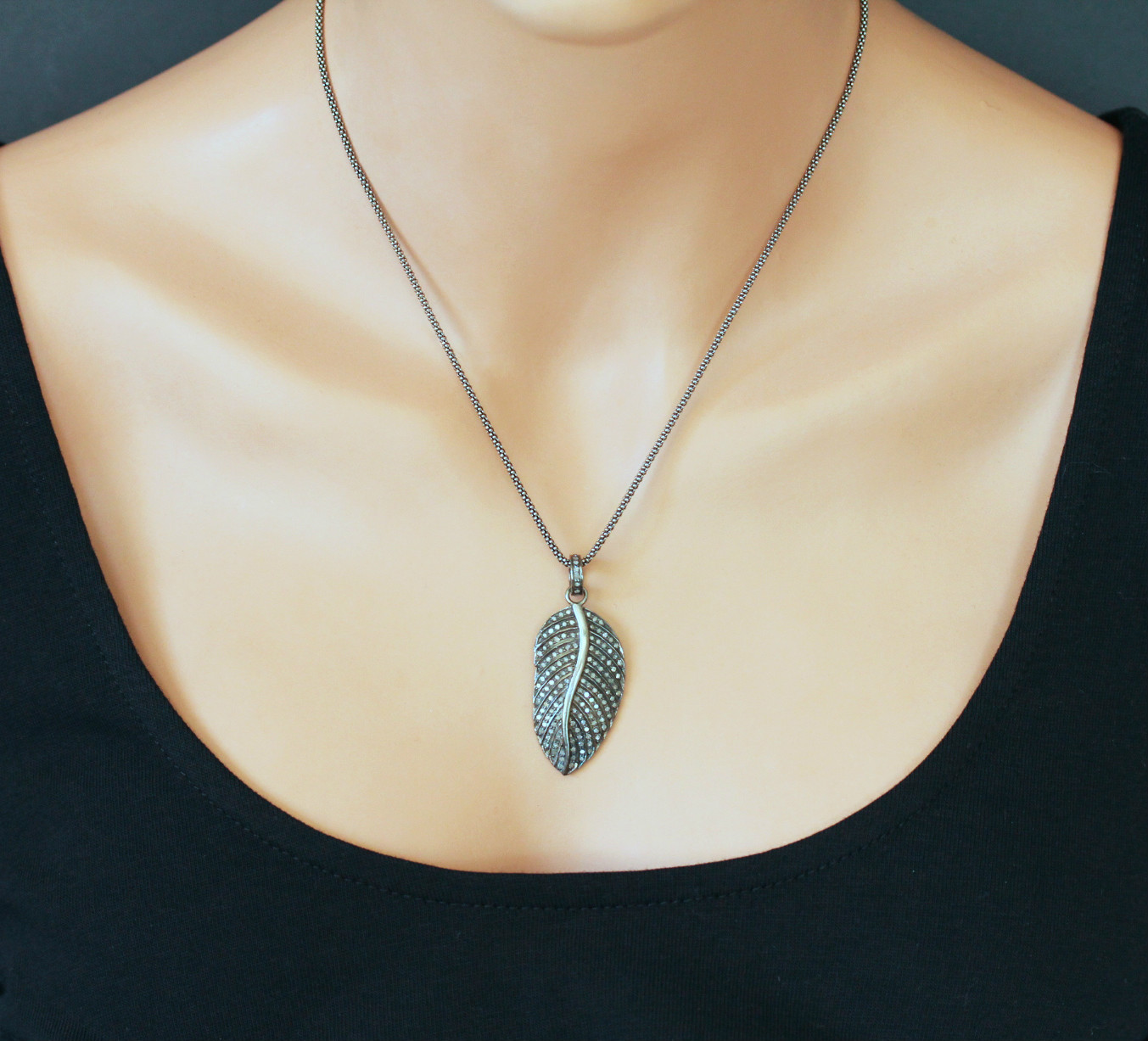 U&C Sundance Diamond Pave Rhodium Oxidized Sterling Silver Leaf Chain