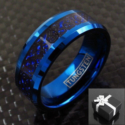 8mm Blue Tungsten Carbide Black Celtic Dragon Stripe Band Ring Men's Jewelry - Picture 7 of 8