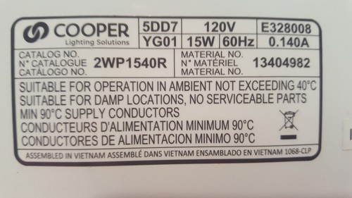 COOPER LIGHTING SOLUTIONS CAT# 2WP1540R MAT# 13404982 120V 15W 60Hz - NEW - Picture 2 of 4