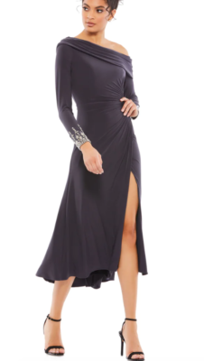 MAC DUGGAL 264851 FOLDOVER LONG SLEEVE JWELED JERSEY CHARCOAL MIDI