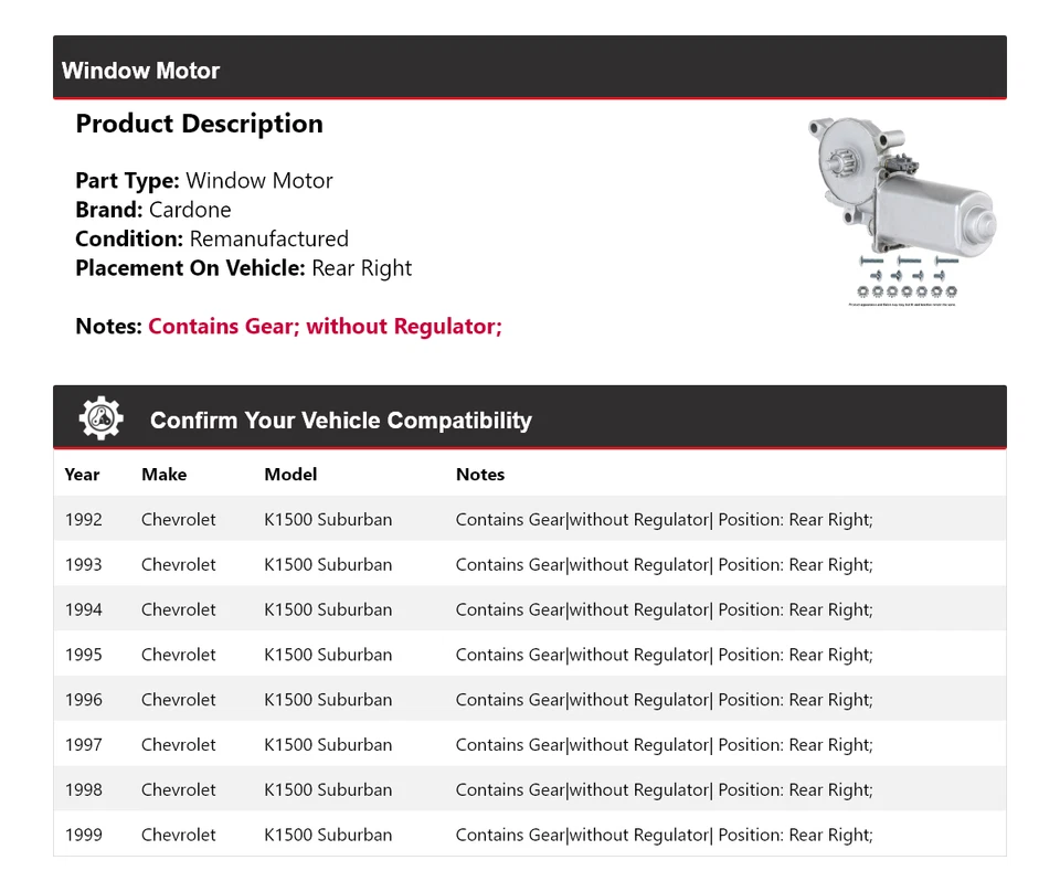 Para Chevrolet K1500 1992-1999 Suburban Ventana Motor Trasero Derecho Cardone 1993 1994 Foto 2 de 4