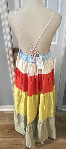 Fore Tiered Stripe Maxi Dress Sundress Colorful Open Back Poplin New NWT Stile M - Picture 6 of 11
