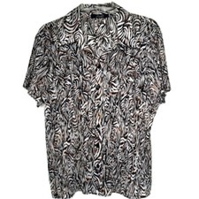 Essentials Womens Pleated Blouse Size XL V-Neck Short Sleeve Button Brown