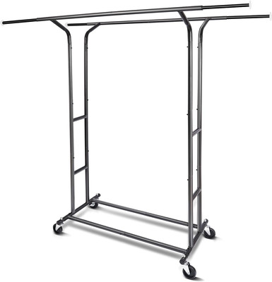  Heavy Duty Double Clothing Rack Garment with Shelves Wheels Hanging Rod rolling