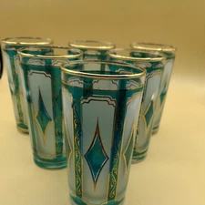 Vintage MCM Libby Emerald Green Blue Highballs Set Of 6 24 Kt Gold diamond