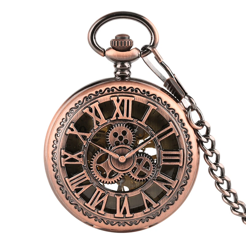 Reloj de Bolsillo Mecánico Steampunk Hombre Cuerda Manual Engranaje con Cadena Rojo Cobre Foto 2 de 4