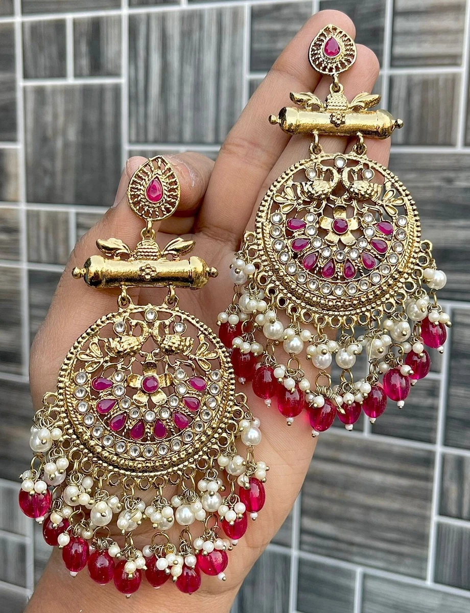 Indian Gold Plated Bollywood Style Kundan Chandbali Earrings Red Jewelry Set