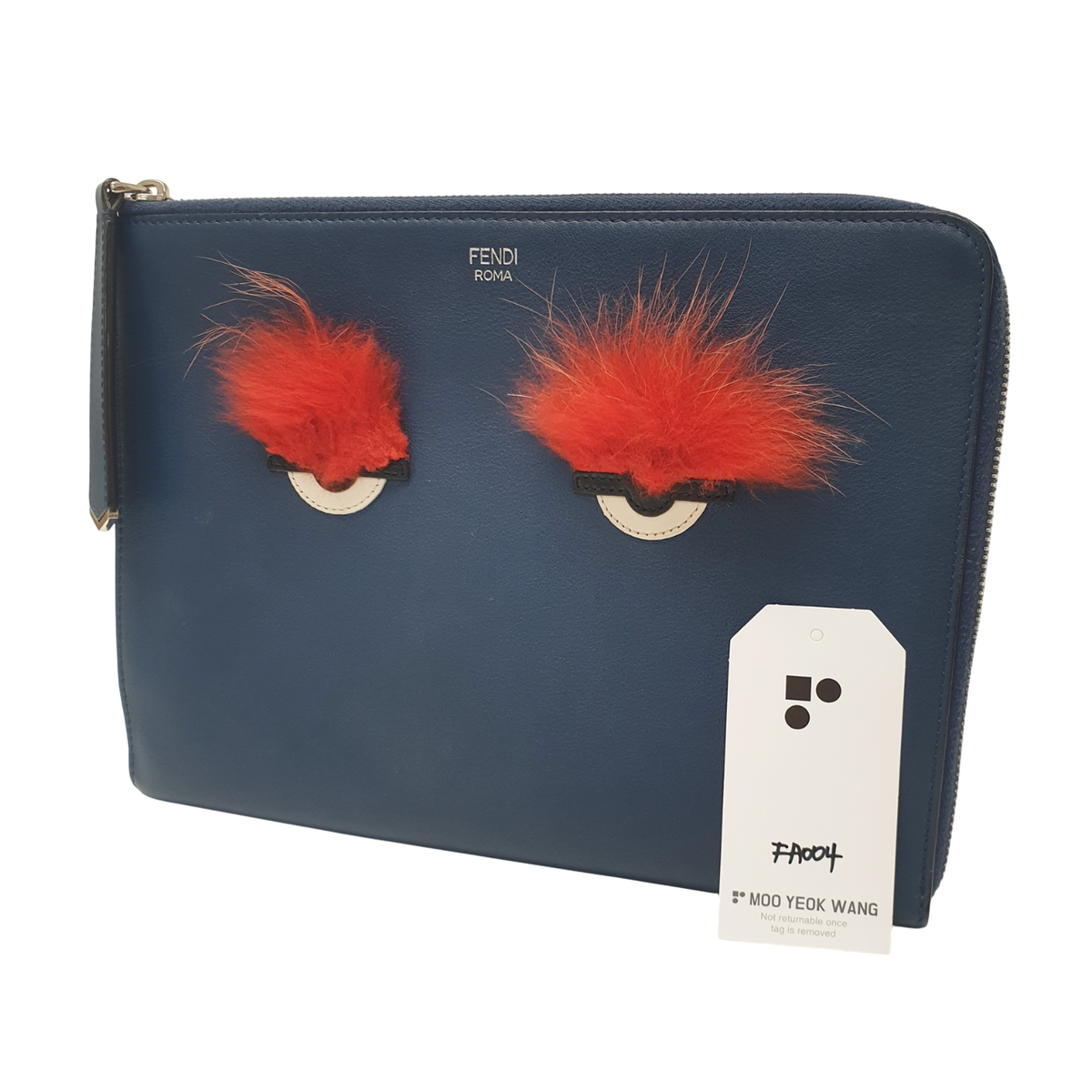 FENDI Monster Bag Bugs Eye Clutch Handbag Pouch Blue Fur Leather