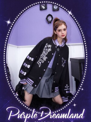 Cartoon Kuromi Jacket Baseball Uniform Girls Casual Loose Baseball