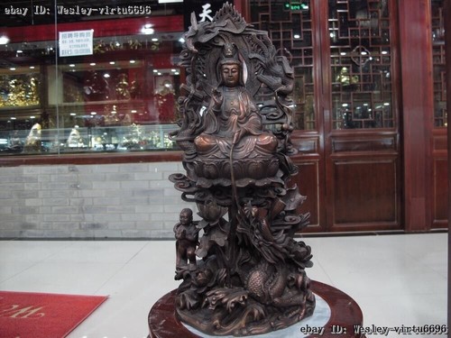 Red Copper Boy Kwan Yin Dragon phoenix Lotus flower Guan Yin Bodhisattva Statue