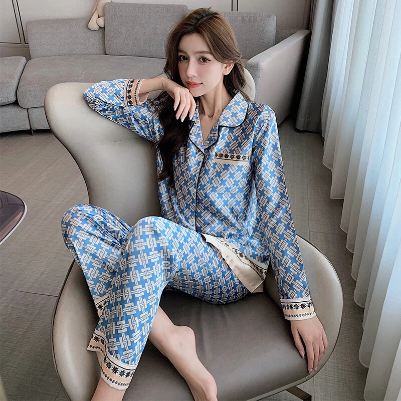 Women's Silk Satin Pajama Set Long Sleeve Button-Down Sleepwear Print  Loungewear