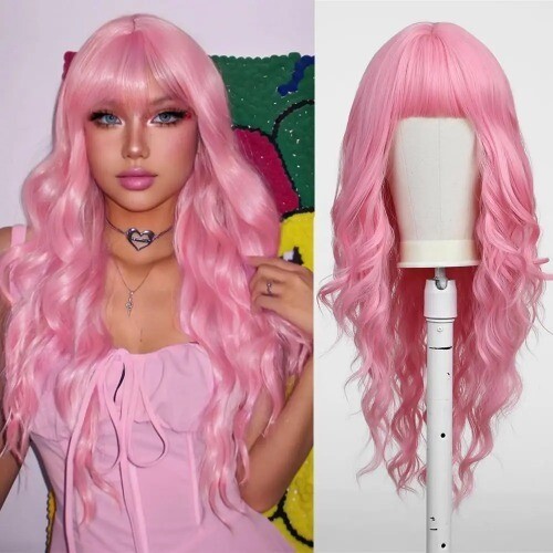 Ombre Blonde Synthetic Wigs with Bangs Long Wavy Wig Daily Soft Curly Full Wig - Bild 10 von 30