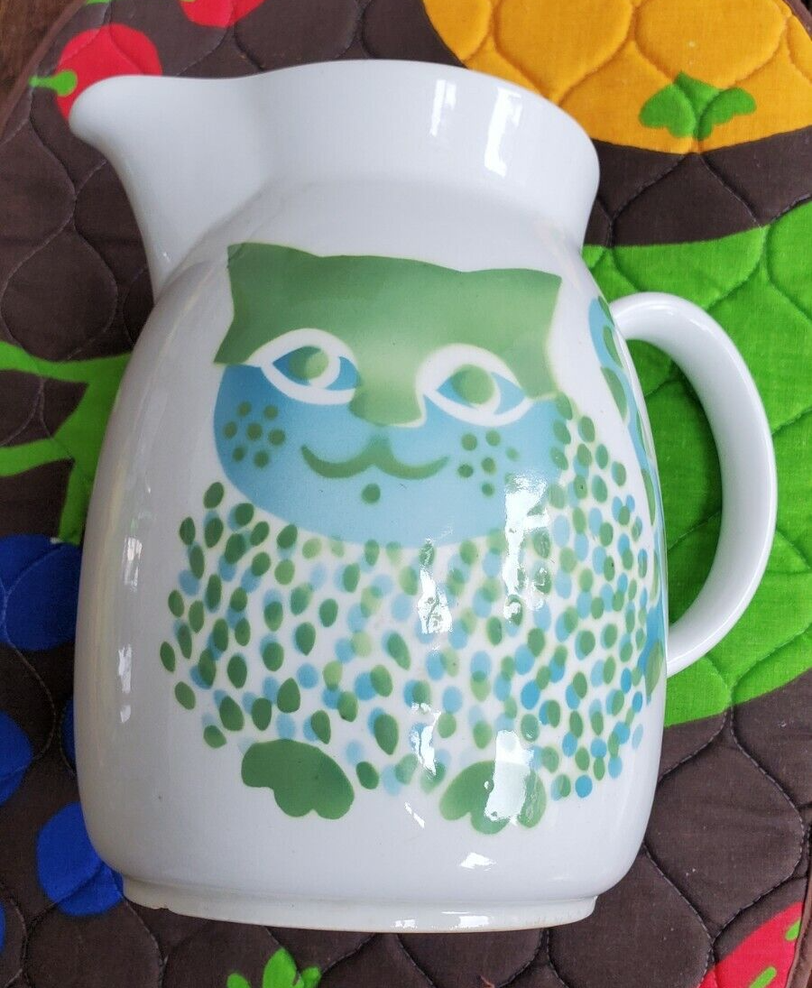Arabia Finland Midcentury Blue Green Kissa Cat Large Pitcher Kaj