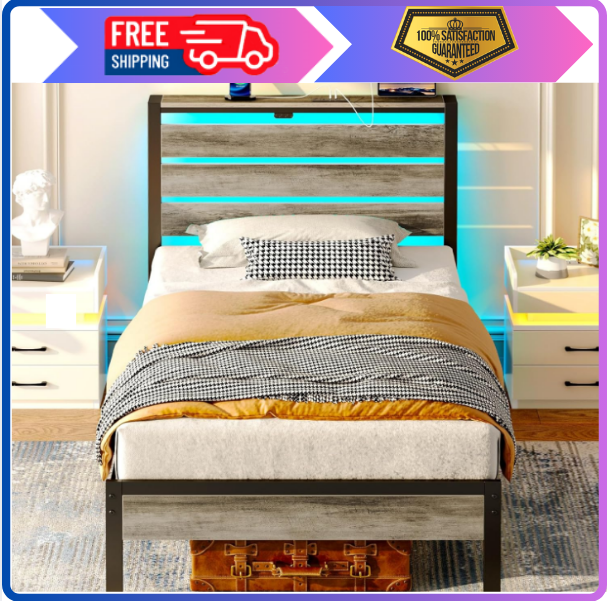 Rolanstar Wood Bed Frame with USB Ports LED Lights and Under Bed Storage-image