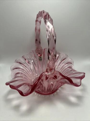 Fenton Anniversary Art Glass Basket Hand Made US Pink with Applied Handle Clear