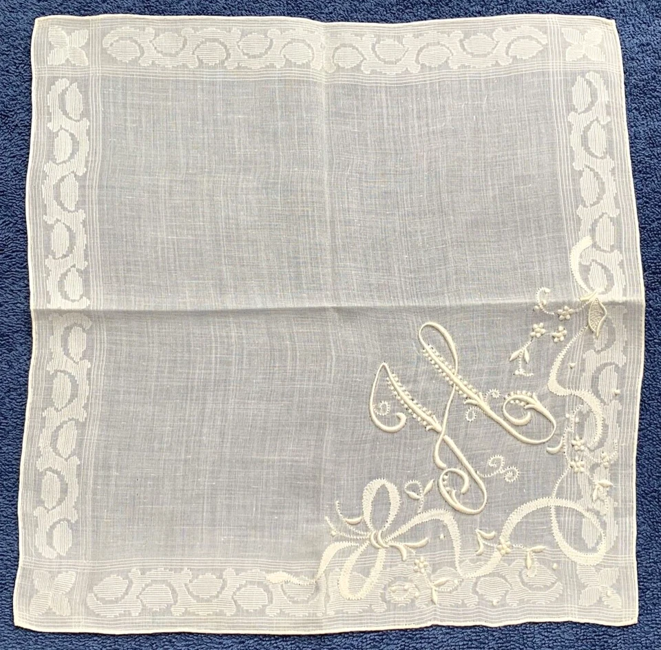 Монограмма H носовые платки цветочная вышивка Мадейра лен белое золото лот из 3 винтажных - Изображение 3 из 4