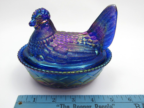 Westmoreland Cobalt Blue Carnival Glass Hen on Nest Covered Dish