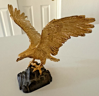 GOLDEN EAGLE FIGURINE LANDING ON PEWTER ROCK SIGNED CARVER E. TRIPP NUMBERED (60