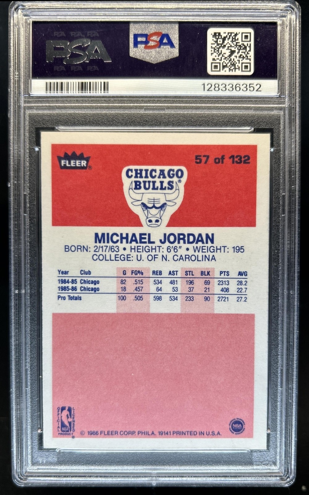 1986-87 Fleer Michael Jordan Rookie RC #57 Bulls PSA 4 view 2