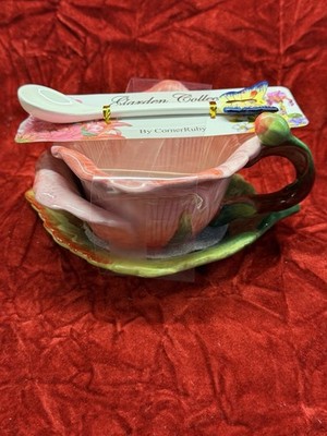 Garden Collection Corner Ruby Flower Cup & Petal Saucer w/Butterfly Spoon New