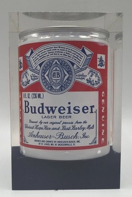 Rare Budweiser SNUBBY 8 Oz Beer Can Encased In Acrylic Display. Paperweight EUC