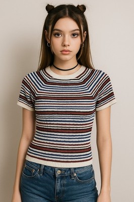 Retro ribbed knit striped tee cream, navy & burgundyY2K casual H&M Small Friends