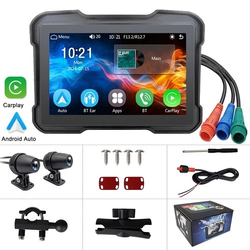5'' Motorcycle GPS Navigator Wireless CarPlay/Android Auto Dual Camera Bluetooth