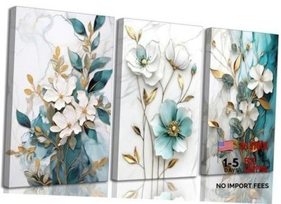3Pcs White Gold Flower Canvas Wall Art Modern 16L'' x 12W'' Blue Floral-Canvas