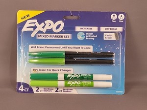 Expo 4ct Fine Mixed 2 Dry / 2 Wet Erase Marker Assorted Green, NEW