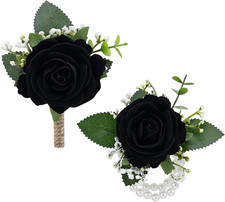 Black Rose Corsage and Boutonniere Set for Weddings and Special Events