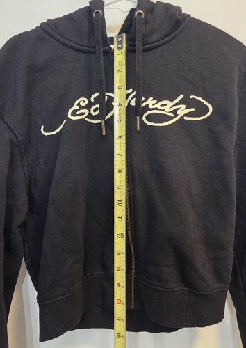 Ed Hardy Hoodie Women's Medium Black Full Zip Cropped Tattoo Graphic Snake Skull - Picture 9 of 11