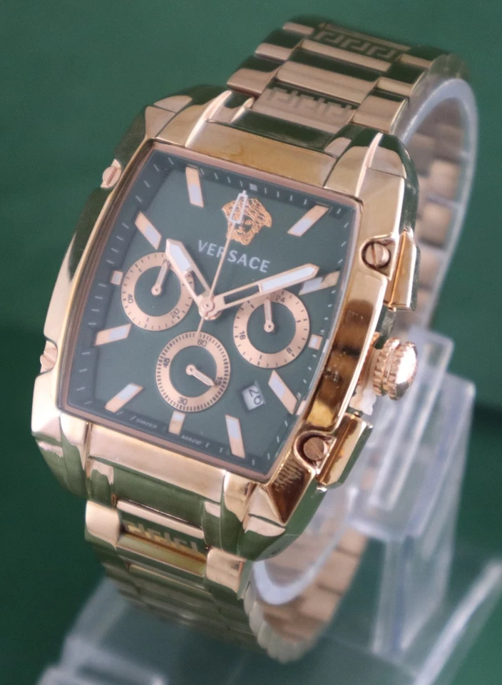 Reloj de cuarzo Versace de lujo para hombre cronógrafo esfera verde correa de acero oro rosa Foto 4 de 4