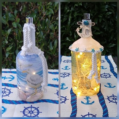 Lichtflasche Tischlampe Leuchtturm Möwe Muscheln LED Lichterkette Maritime Deko
