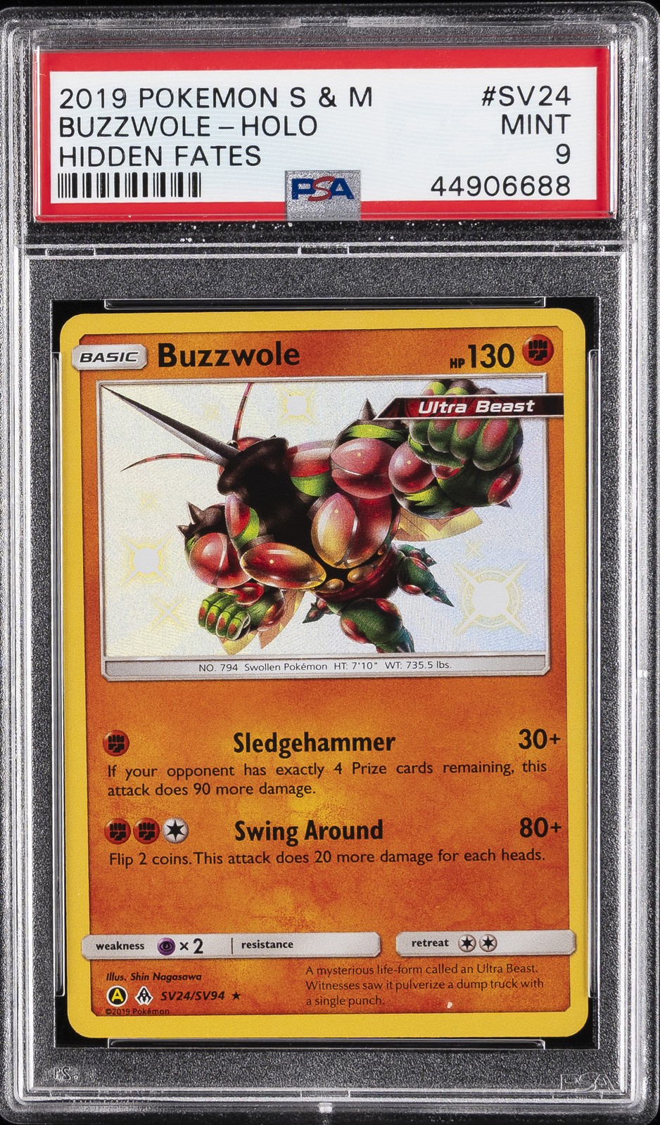 2019 POKEMON SUN & MOON HIDDEN FATES #SV24 BUZZWOLE-HOLO PSA 9