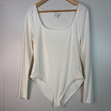 TopShop Bodysuit US 12 Ivory Ribbed Long Sleeve Square Neck Fitted Stretch