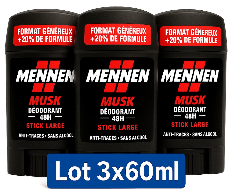 Lot 3 Déodorants Mennen MUSK 24H Stick Large Sans Alcool Anti-Traces 3 x 60ml - Photo 1/4