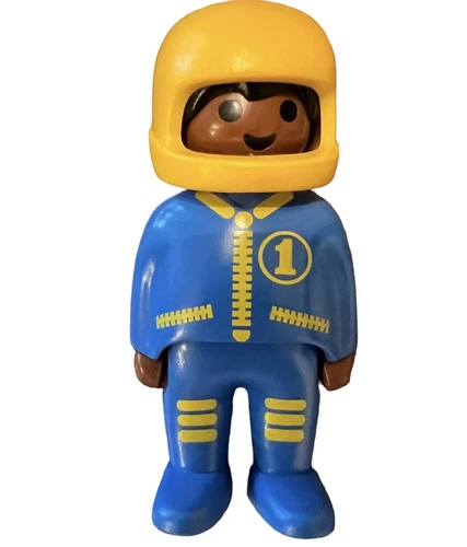 VTG Playmobil Race Car Driver Geobra 1 Figure 1990 3" Blue Yellow Helmet