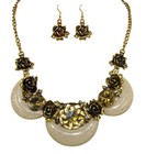Beige Flower Statement Necklace and Earring Set with Large Crystals - NEW