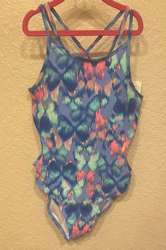 NEW Girls Butterfly Cut Out One Piece Swimsuit - Speedway Blue Neon XL (14) - Picture 3 of 4