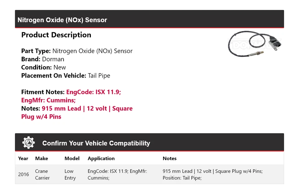 For 2016 Crane Carrier Low Entry Dorman Nitrogen Oxide (NOx) Sensor Tail Pipe - Image 2 of 4